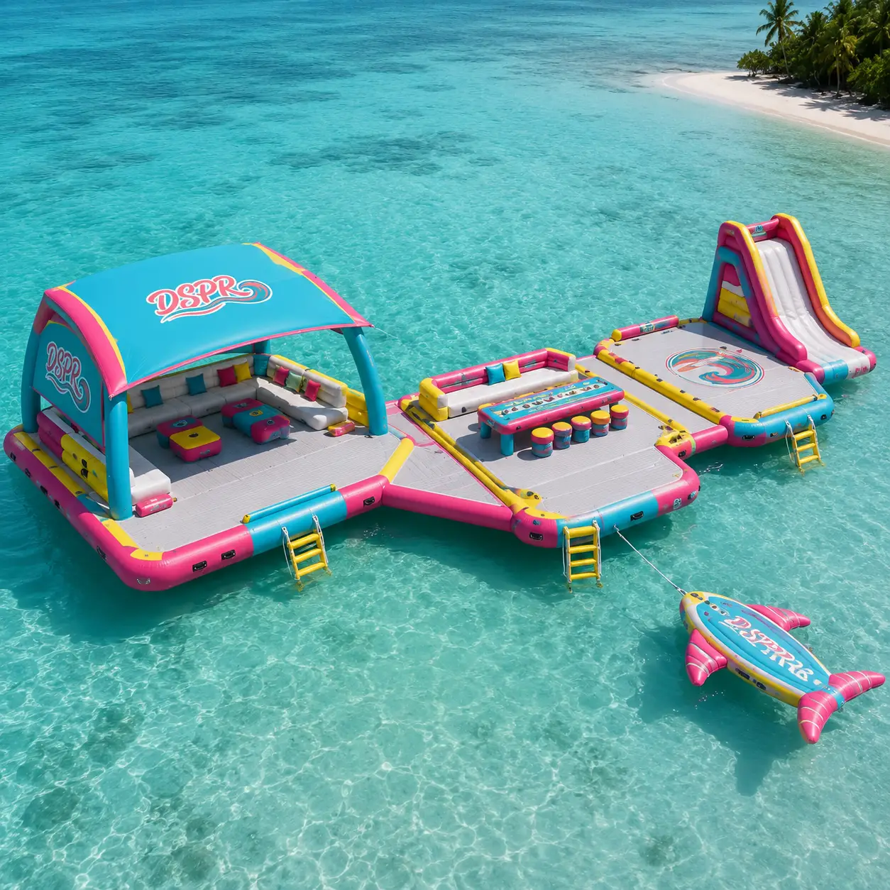 Custom Inflatable Floating Water Park Platform With Lounge Bar Slide And Towable Fish