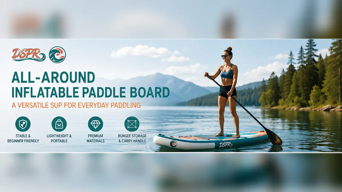 DSPR all-around inflatable paddle board with non-slip EVA deck pad and OEM logo on calm lake water
