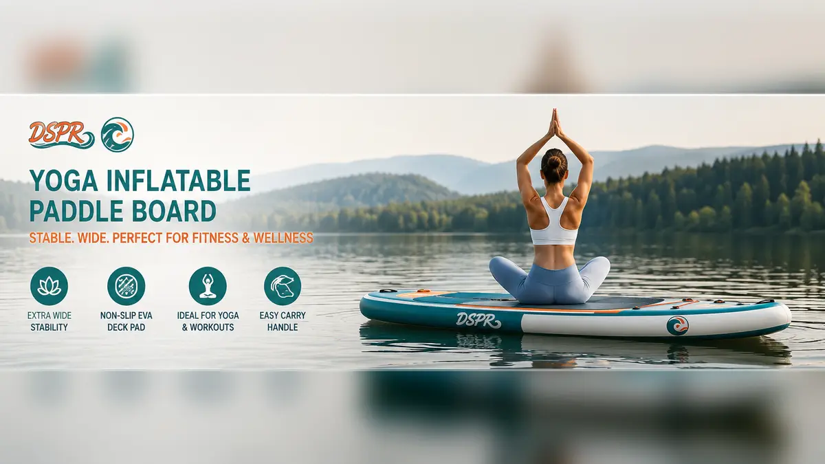 DSPR inflatable yoga paddle board with wide EVA deck pad for fitness and wellness activities on calm water