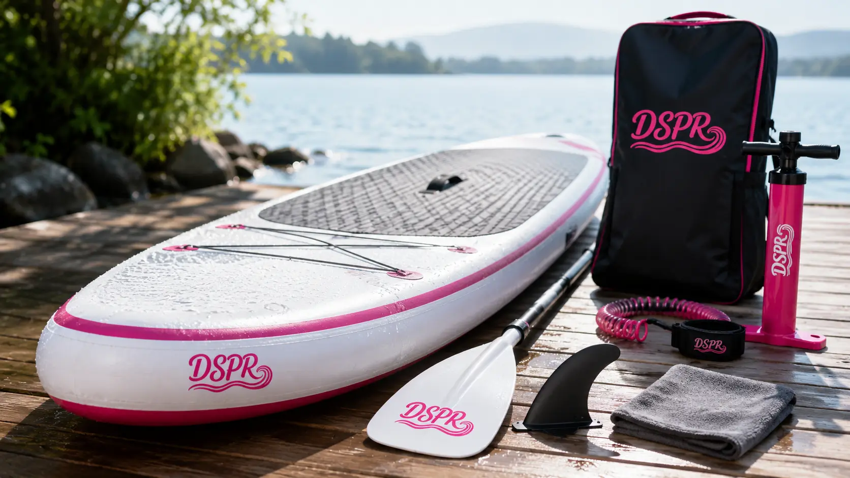 Clean inflatable paddle board with DSPR logo drying near clear lake water