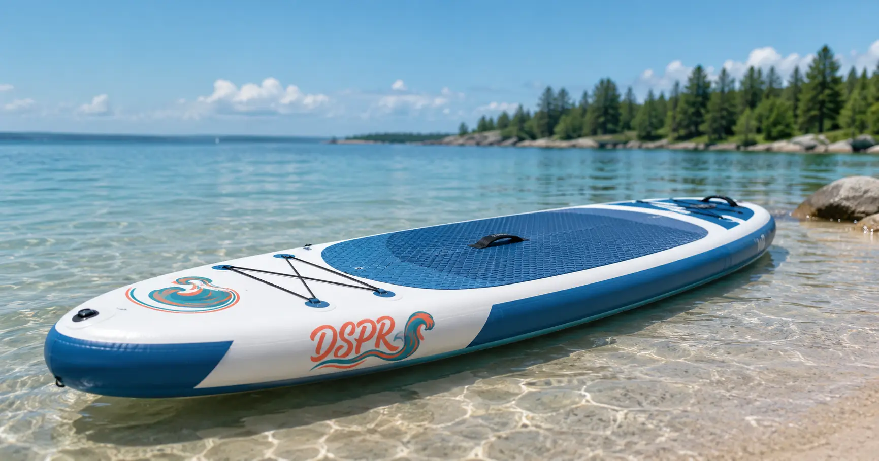 DSPR all-around inflatable paddle board on clear blue water for beginner and family paddling