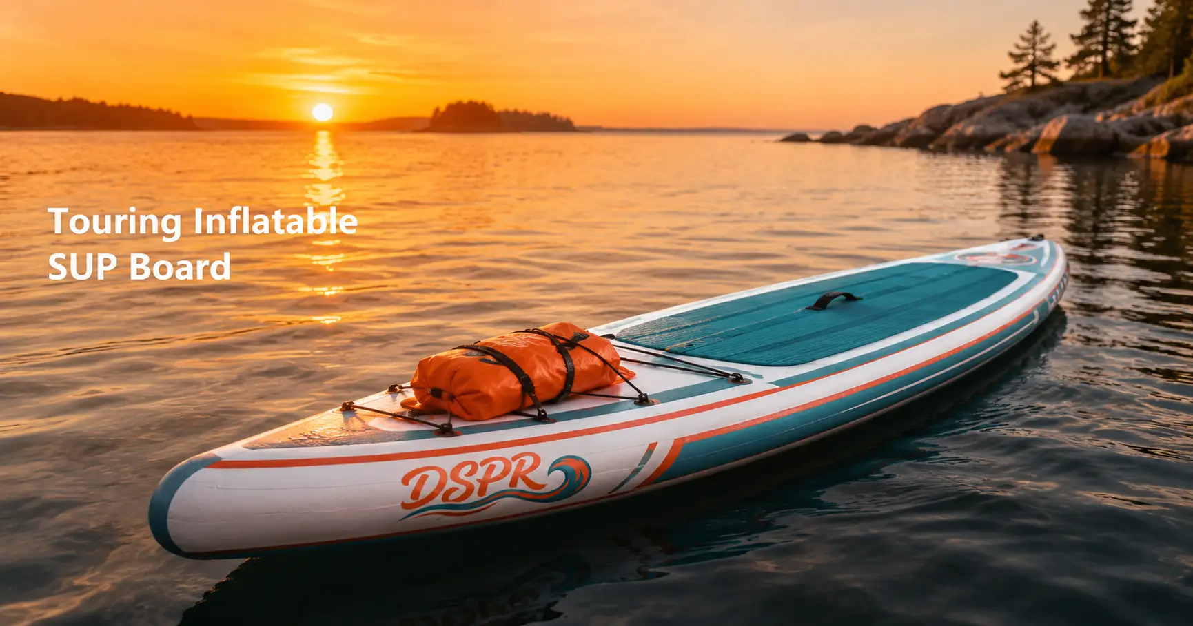 DSPR touring inflatable SUP board with cargo bungee on calm water for long-distance paddling