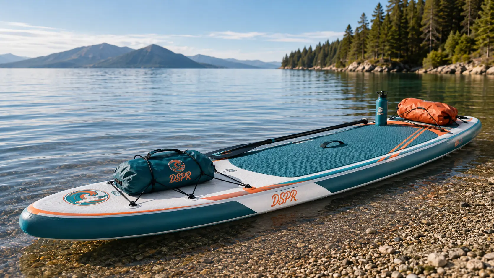 DSPR touring inflatable paddle board with cargo bungee and paddle on open water
