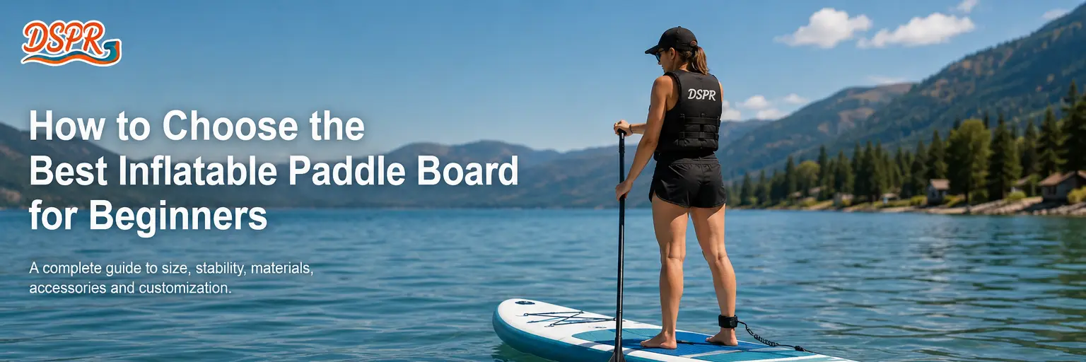 DSPR inflatable paddle board for beginners on calm blue water with paddle and accessories
