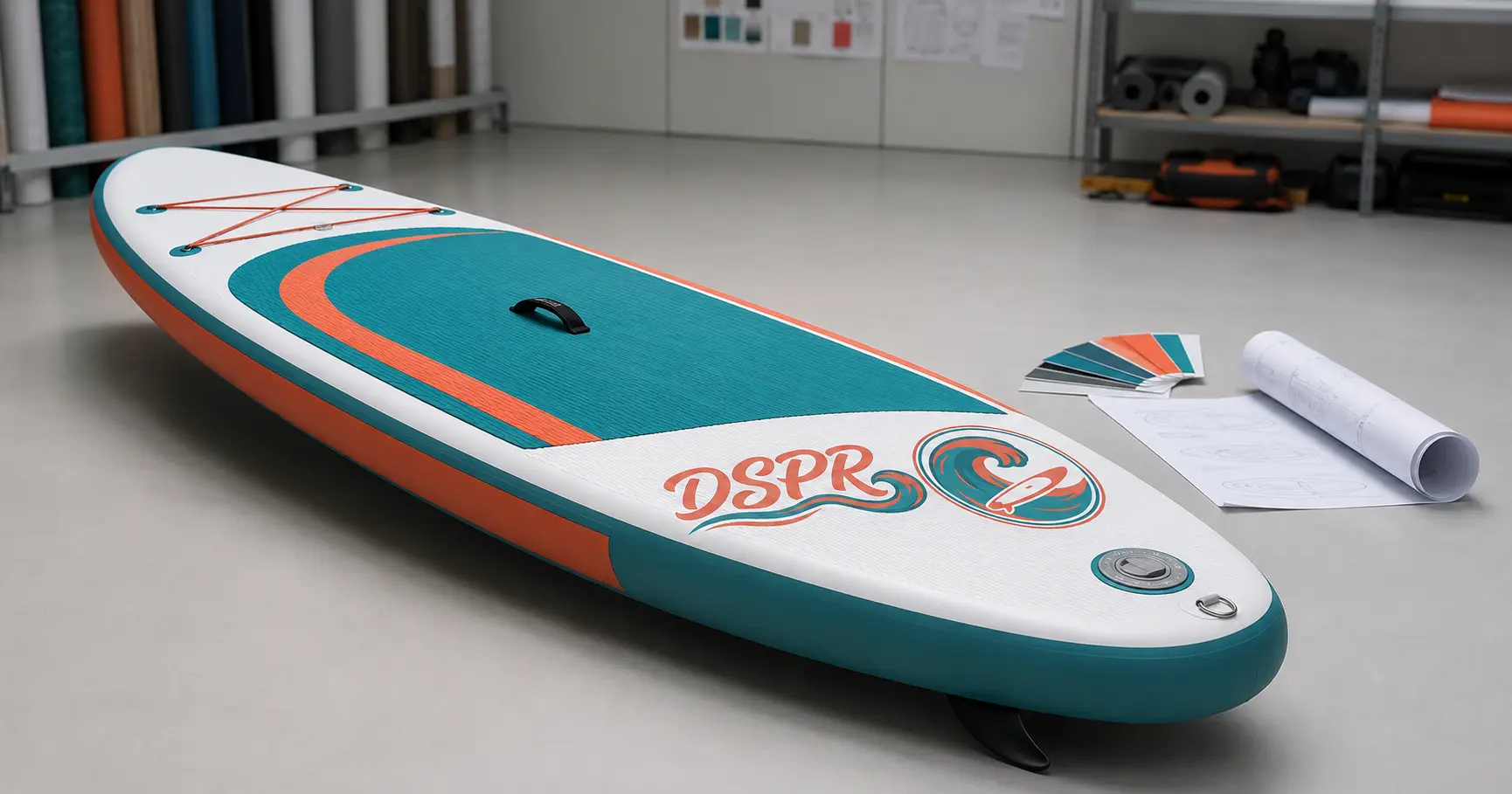 Custom paddle board manufacturing concept with branded inflatable SUP and design details