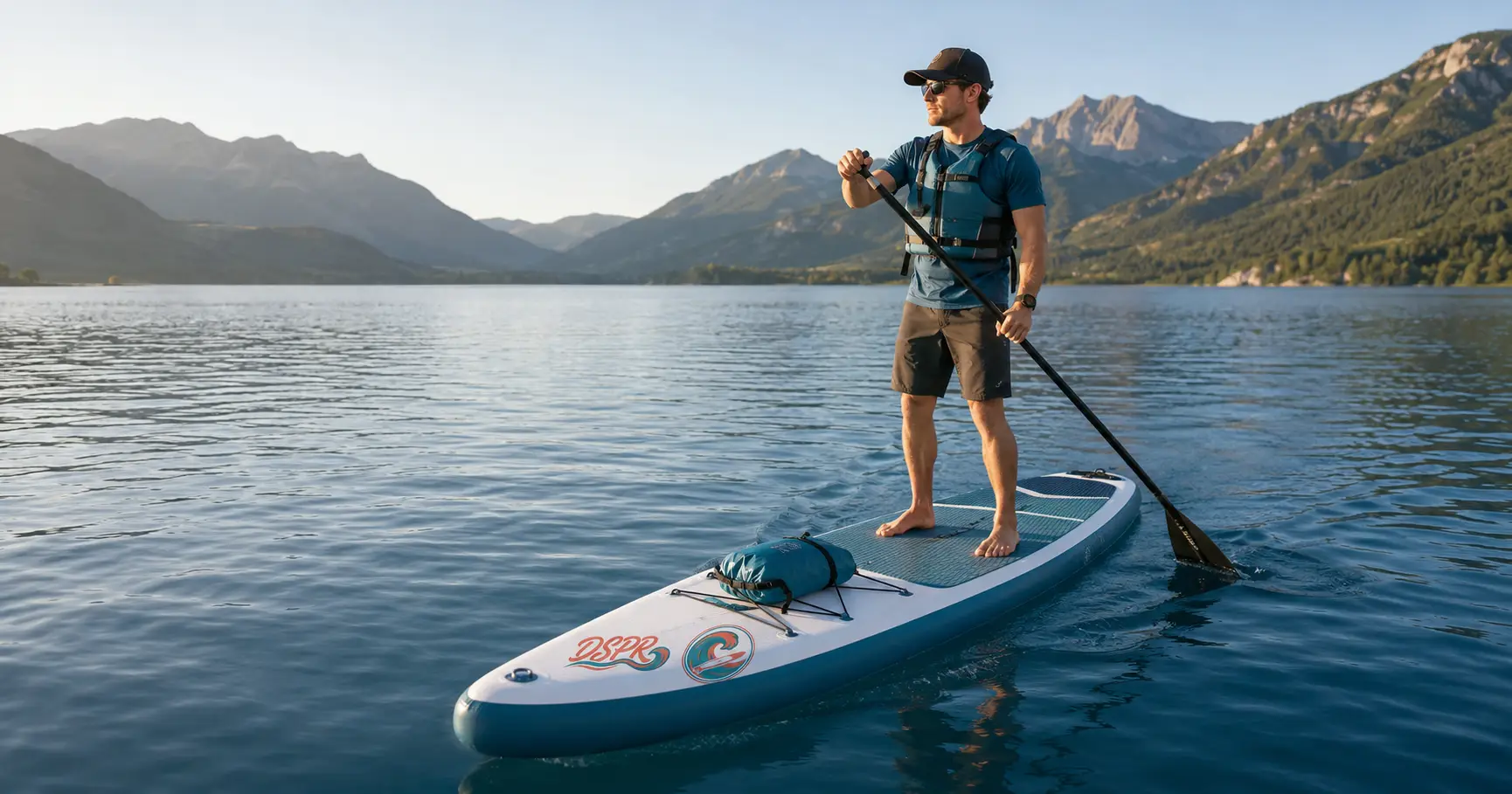 Inflatable touring paddle board gliding across calm blue water on a day trip